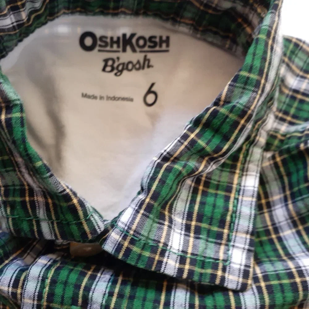Oshkosh Boys Shirt Button Down Green Navy Plaid Long Sleeve Size 6 Holiday